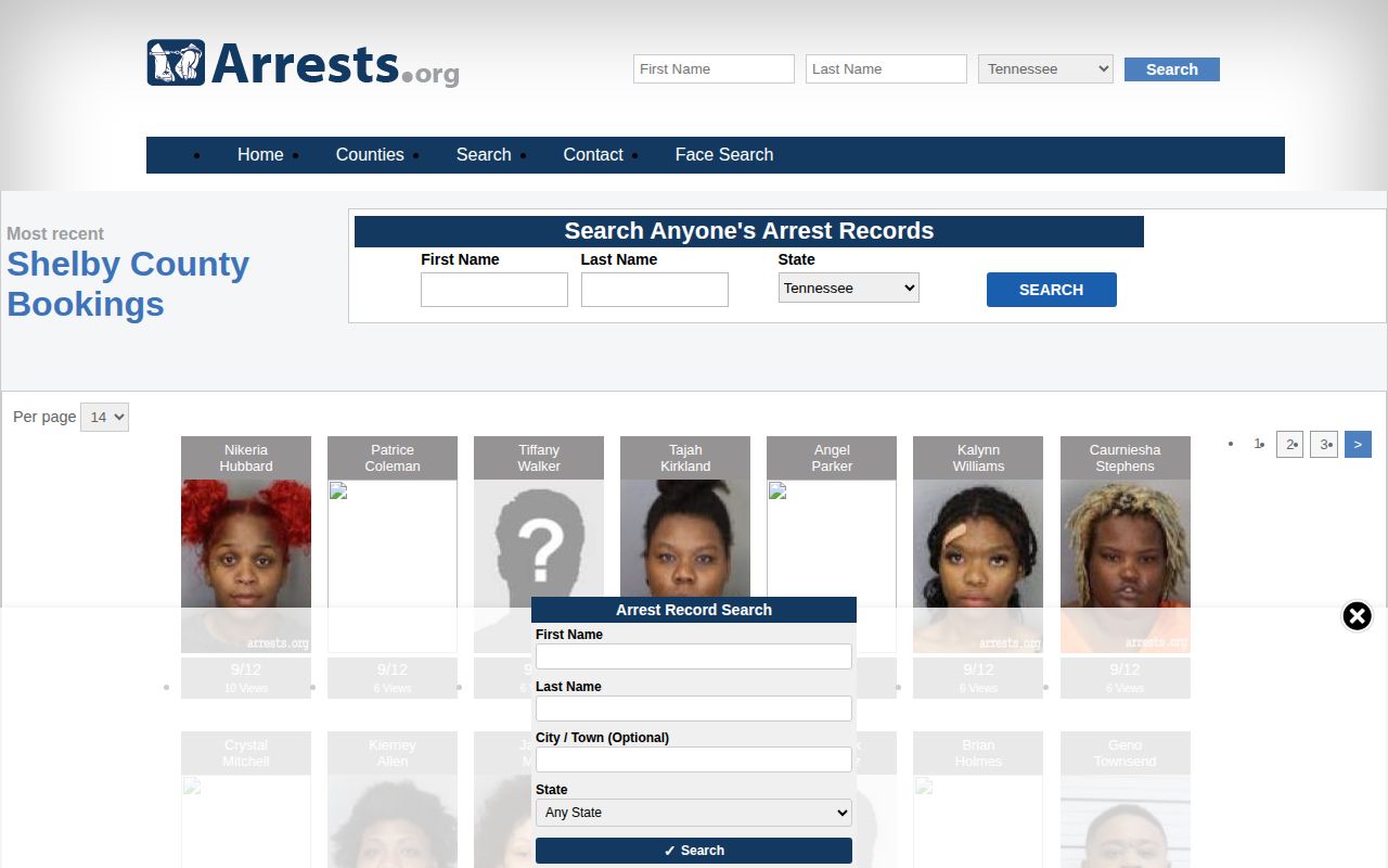 Shelby County private daily arrest index interface